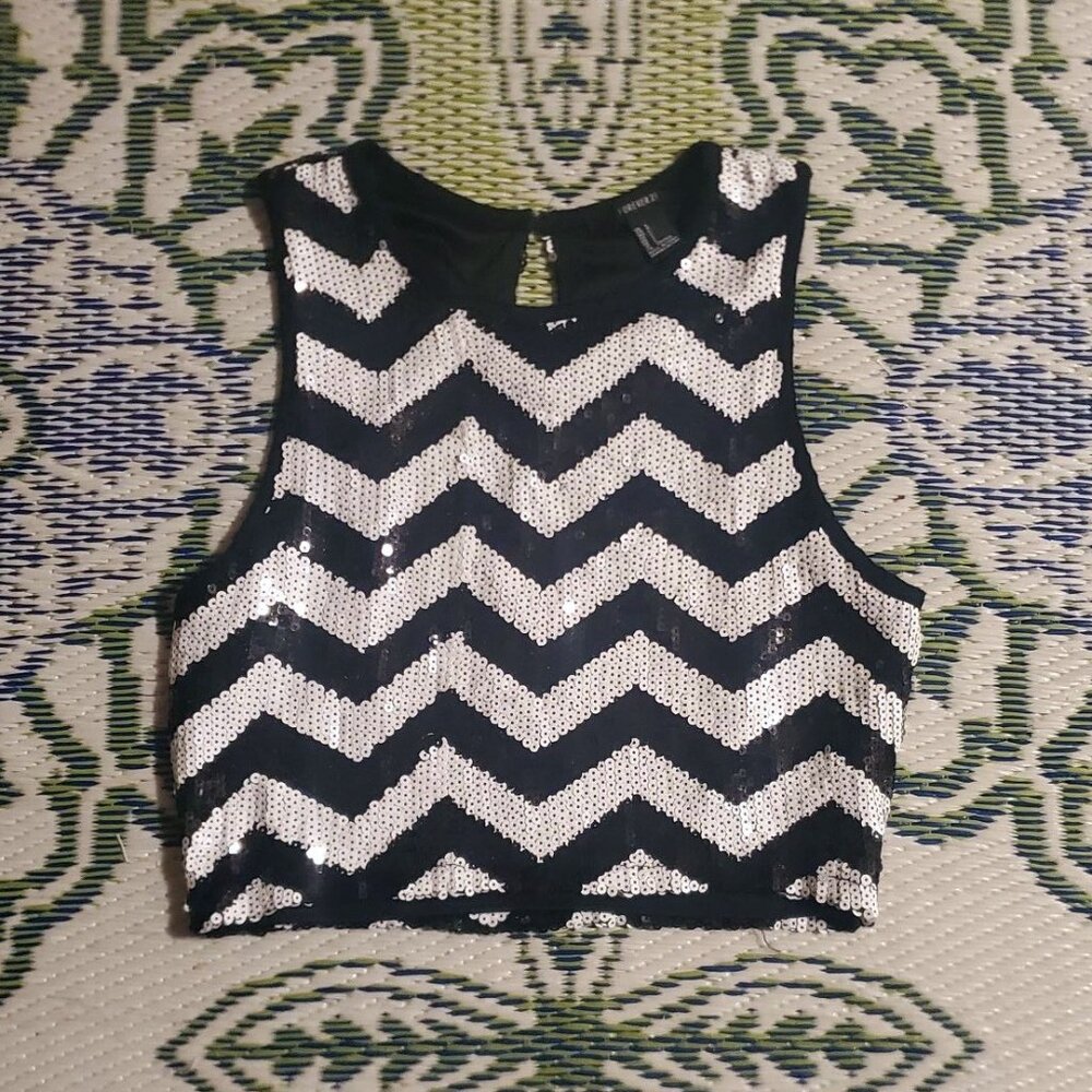 Women's FOREVER 21 Sequins Chevron Sleeveless Tank Top Sz S Black White EUC